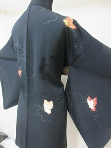1 jpy superior article silk feather woven Japanese clothes coat ... none black gold piece embroidery butterfly . lovely high class . length 79cm.66cm[ dream job ]***