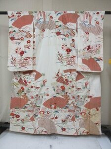 1 иен хорошая вещь натуральный шелк женщина . ребенок кимоно .. "Семь, пять, три" античный земля бумага . цветок классика документ sama высококлассный . длина 155cm.60cm[ сон работа ]***