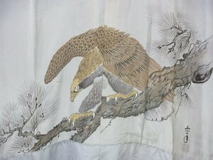 1円 良品 正絹 長襦袢 男性用 浮世絵 鷹 松 枝花 高級 渋カッコいい 袷 身丈134cm 裄67cm【夢職】★★★