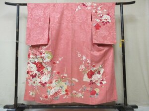 1円 良品 正絹 着物 訪問着 錦紗縮緬 紅絹 アンティーク レトロ 扇子 牡丹 草花 高級 袷 身丈141cm 裄63cm◆逸品◆【夢職】★★★★