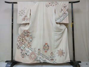 1円 中古 正絹 着物 訪問着 縮緬 卒業 入学 アンティーク オリエンタル草花 花菱 高級 袷 身丈146cm 裄65cm【夢職】★★★