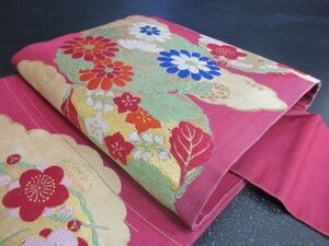 1円 良品 正絹 名古屋帯 縮緬 アンティーク 刺繍 雲 花丸 菊 桔梗 草花 お太鼓柄 九寸帯 高級 長さ329cm【夢職】★★★