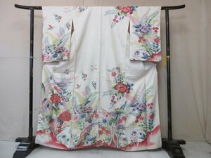 1円 中古 正絹 着物 訪問着 縮緬 卒業 入学 アンティーク オリエンタル草花 洋花 高級 袷 身丈152cm 裄66cm【夢職】★★★