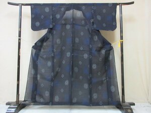 1円 良品 正絹 着物 夏大島紬 紺 宝相華 花唐草 お洒落 高級 単衣 身丈145cm 裄64cm ◆逸品◆【夢職】★★★★