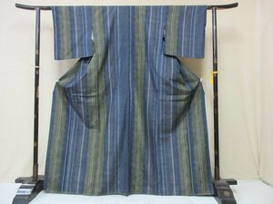 1円 良品 正絹 着物 紬 麻の葉 縞 笹 草花 おしゃれ 高級 袷 身丈154cm 【夢職】★★★