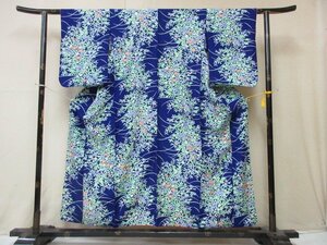 1円 良品 化繊 着物 洗える 小紋 紺 草花 花柄 おしゃれ 高級 胴抜き 身丈141cm 裄66cm【夢職】★★★