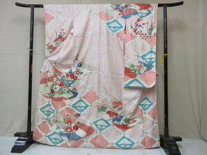 1円 中古 正絹 着物 振袖 縮緬 卒業 入学 アンティーク 桃色 花菱 桐 草花 高級 袷 身丈157cm 裄63cm【夢職】★★★