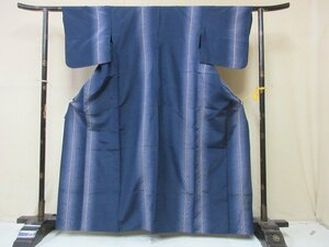 1円 良品 正絹 着物 紬 真綿 紺 縞 グラデーション 暈し おしゃれ 高級 単衣 身丈150cm 裄64cm【夢職】★★★