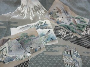 1円 良品 正絹 長襦袢 男性用 アンティーク 浮世絵 風景 色紙 富士山 高級 渋カッコいい 袷 身丈129cm 裄64cm【夢職】★★★