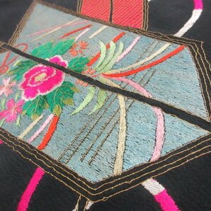 1円 中古 正絹 名古屋帯 アンティーク レトロ 日本刺繍 黒 矢羽 薬玉 お太鼓柄 九寸帯 高級 長さ268cm【夢職】★★★の画像4