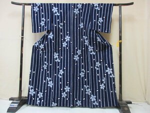 1円 中古 木綿 浴衣 藍染 藍色 アンティーク 絞り 桜吹雪 草花 縞 可愛い 身丈159cm 裄64cm ◆逸品◆【夢職】★★★★