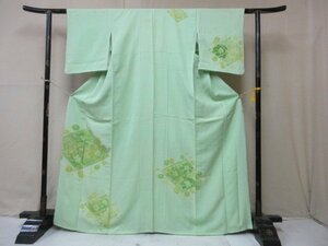 1円 良品 正絹 着物 訪問着 縮緬 入学 卒業 黄緑 格天井花文 四季花 草花 高級 袷 身丈158cm 裄62cm【夢職】★★★