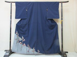 1円 良品 正絹 着物 訪問着 縮緬 卒業 入学 アンティーク 紺 枝花 菊 橘 高級 袷 身丈152cm 裄64cm【夢職】★★★