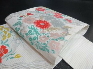 1円 中古 正絹 名古屋帯 絽 アンティーク レトロ 雪輪 秋草 草花 お太鼓柄 高級 九寸帯 長さ325cm【夢職】★★★