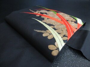 1円 良品 正絹 名古屋帯 黒 菊 萩 草花 おしゃれ 可愛い お太鼓柄 九寸帯 長さ362cm【夢職】★★★