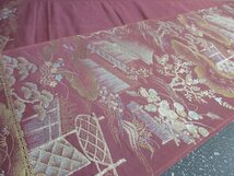 1円 中古 正絹 袋帯 綴れ 紫 縁側 四季花 草花 かわいい お洒落 六通柄 長さ402cm【夢職】★★_画像9