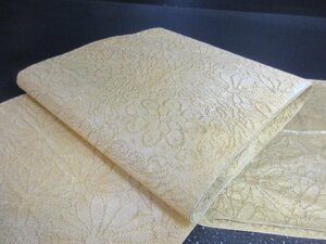 1円 良品 正絹 開き名古屋帯 本綴れ 金糸 狢菊 無地 全通柄 高級 八寸帯 長さ344cm【夢職】★★★