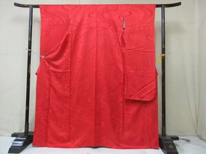 1円 良品 正絹 着物 振袖 縮緬 卒業 入学 無地 赤 流水 高級 袷 身丈168cm 裄66cm ◆逸品◆【夢職】★★★★