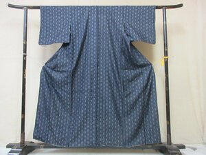 1円 良品 正絹 着物 紬 真綿 藍染 麻の葉 幾何学 抽象 高級 袷 身丈143cm 裄61cm ◆逸品◆【夢職】★★★★