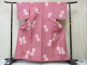 1円 良品 正絹 着物 紬 桃色 花亀甲 花菱 幾何学 抽象 高級 単衣 身丈148cm 裄65cm ◆逸品◆【夢職】★★★★