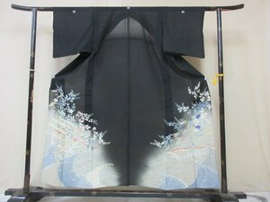 1円 良品 正絹 着物 留袖 絽 アンティーク 大正浪漫 草花 秋草 波 冠婚葬祭 高級 単衣 身丈142cm 裄61cm【夢職】★★★