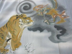 1円 良品 化繊 長襦袢 男性用 浮世絵 富士山 龍虎 渦巻 笹 高級 渋カッコいい 袖無双 身丈138cm 裄66cm【夢職】★★★