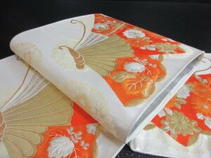 1円 良品 正絹 袋帯 綴れ 白 舞蝶 花菱 宝相華 桐 菊 可愛い お洒落 六通柄 高級 長さ432cm【夢職】★★★