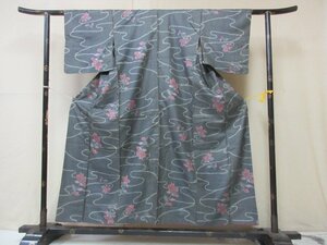 1円 良品 正絹 着物 本場泥大島紬 マルキ 黒 流水 草花 菊 高級 袷 身丈140cm 裄62cm ◆逸品◆【夢職】★★★★