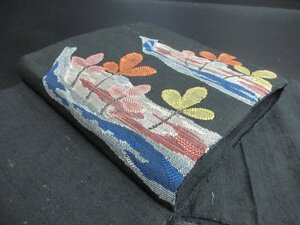 1円 良品 正絹 開き名古屋帯 紬 真綿 黒 萩 草花 霞 お太鼓柄 高級 八寸帯 長さ326cm【夢職】★★★