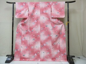 1円 良品 正絹 着物 小紋 縮緬 暈し グラデーション 花唐草 葡萄唐草 高級 袷 身丈166cm 裄64cm【夢職】★★★