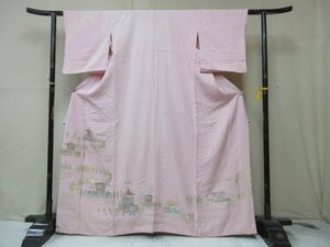 1円 中古 正絹 着物 訪問着 縮緬 卒業 入学 金彩 櫓 祇園祭 神輿 屋台 人物 高級 袷 身丈156cm 裄66cm【夢職】★★