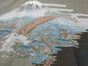 1円 良品 化繊 長襦袢 男性用 浮世絵 地紙 風景 人物 富士山 橋文 高級 渋カッコいい 袖無双 身丈136cm 裄63cm【夢職】★★★