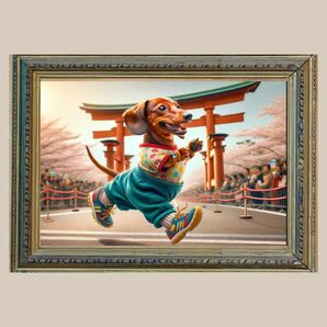 【開運絵画風癒しのインテリアアート】☆招運鳥居とダックスフンド☆No.1