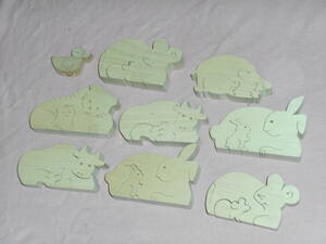 木製組木■動物・ウサギ・ウシ・イノシシ・ネズミ・ネコ・他・8個■