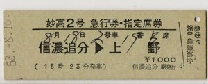 国鉄　D硬緑　急行券・指定席券　妙高２号　信濃追分→上野　完全常備　信濃追分駅発行　S53