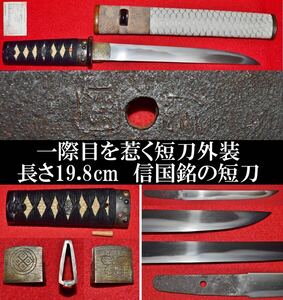 短刀　在銘　信国　拵入　長さ19.8cm　桜ハバキ　丸に隅立て四ツ目　前差し　時代刀剣　花菱目貫　骨董品　武具　刀装具　刀剣　居合　脇差