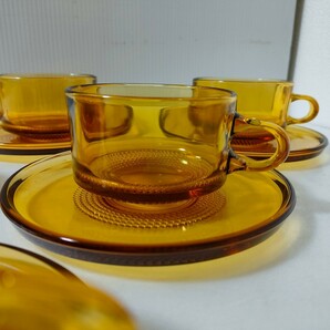 昭和レトロ アンバー 硝子 琥珀 べっこう 飴色 カメイガラス カップ&ソーサー 5客 ガラス製 デザートカップにも 喫茶 茶器 インテリアの画像2