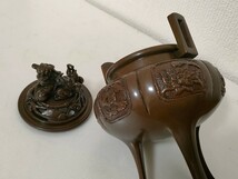 鋳銅　銅器　香炉　香煙　香爐　三足　獅子蓋　茶道具　香道具　高さ16cm　約894g　幸雲　金属工芸_画像9