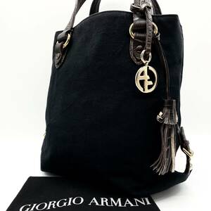 極美品 A4可 ジョルジオアルマーニ GIORGIO ARMANI メンズ レディース トートバッグ ハンド ショルダー キャンバス レザー 革 黒 ブラック