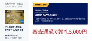 期間限定キャンペーン　最大110,000マイル　正規ご紹介　ANAアメックスゴールドカード 謝礼5000円