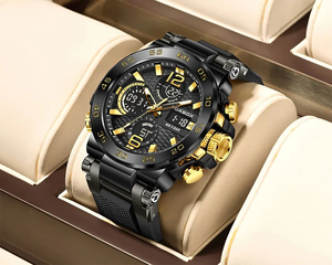 【ブラック×ゴールド】メンズ高品質腕時計 海外人気ブランド Foxbox クロノグラフ 防水 クォーツ式 シリコンバンド