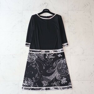 極美品★レオナール LEONARD ★カンカン生地★モノトーンFlower ロングワンピース size 40 ～L相当～