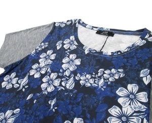 新品★+39MASQ 半袖 イタリア製 花柄切替Tシャツ XLサイズ★ネイビー/白/青 メンズ