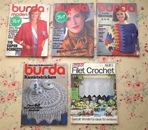 44747/Burda ドイツの手芸マガジン 5冊セット 1980-1990年代 4冊に別紙図案付き ニット ソーイング レース編み クロッシェ ニードルレース