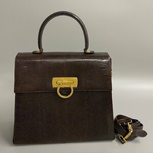 1円 極 美品 Salvatore Ferragamo フェラガモ ガンチーニ 金具 リザード レザー 2way ハンドバッグ ショルダーバッグ ブラウン 28815