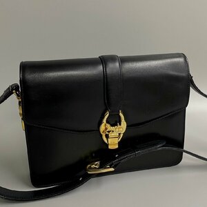 1円 極 美品 袋付 CELINE セリーヌ ヴィンテージ 馬車金具 ホースキャリッジ ロゴ カーフレザー 本革 ショルダーバッグ ブラック 72976