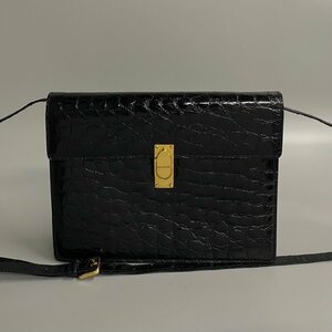 1円 極 美品 希少品 LOEWE ロエベ ロゴ金具 クロコ レザー 2way クラッチバッグ ミニ ショルダーバッグ ポシェット ブラック 23459