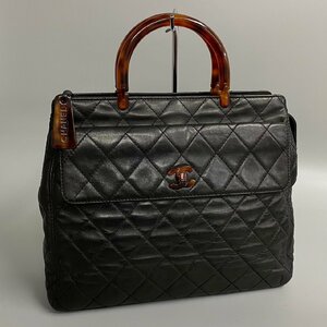 1円 極 美品 シール有 4番台 CHANEL シャネル マトラッセ ラムスキン レザー べっ甲 ココマーク ハンドバッグ トート ブラック 19855