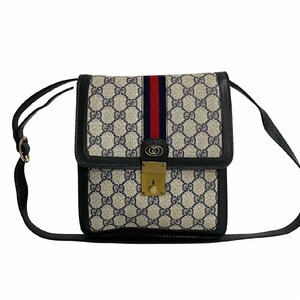 極 美品 GUCCI グッチ オールドグッチ シェリーライン GG ロゴ 金具 レザー 本革 ミニ ショルダーバッグ ポシェット ネイビー 63142