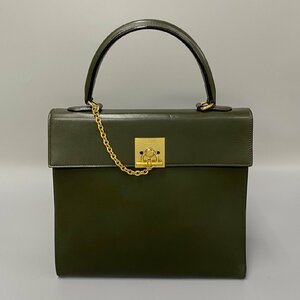 1円 極 美品 レア CELINE セリーヌ ヴィンテージ ロゴ リング 金具 カーフレザー 本革 ハンドバッグ ミニ トートバッグ カーキ 17016